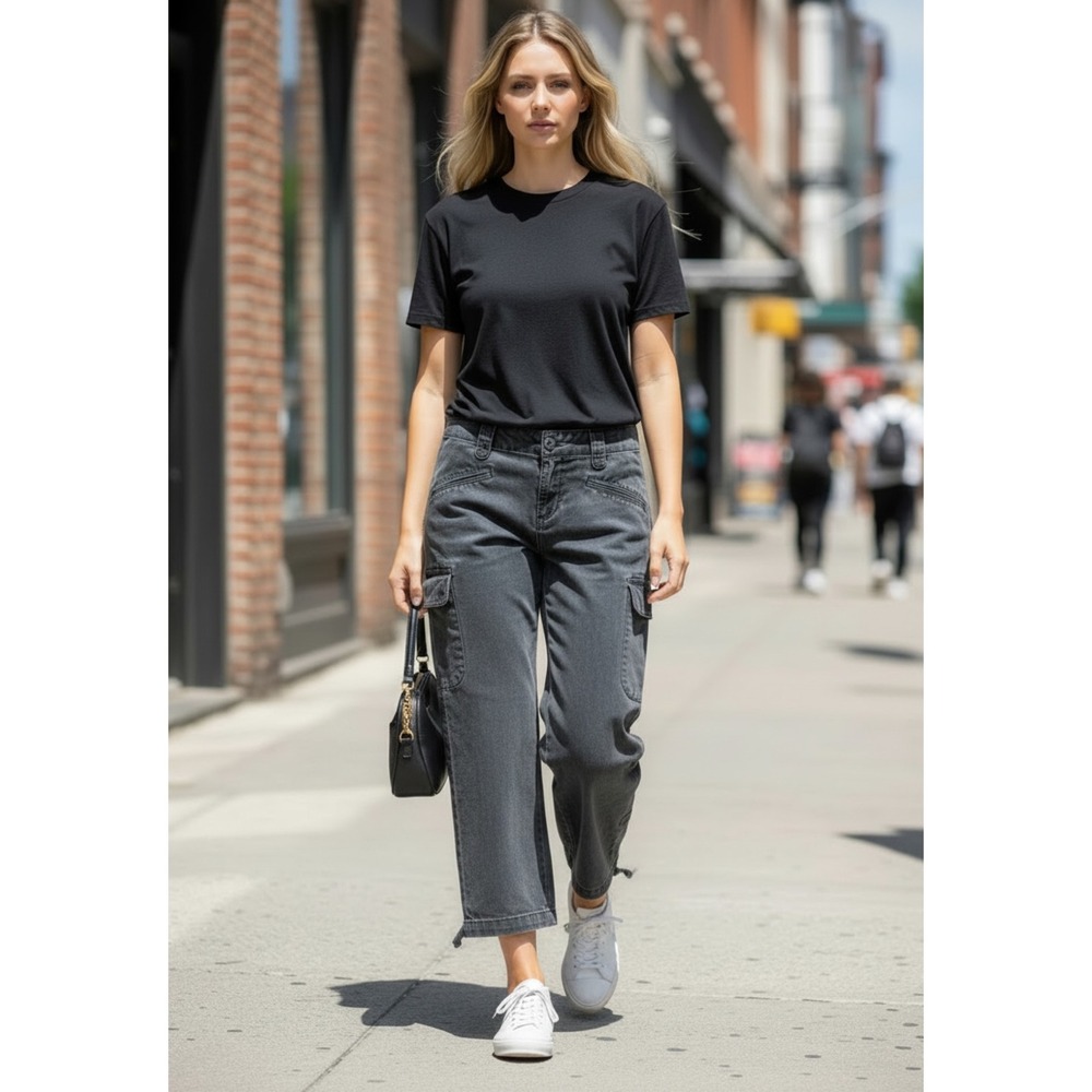 Sundance Faded Black Cargo Pants Wide Leg Utility Trousers 10 Petite